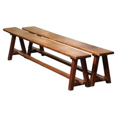Pair of 19th Century French Provincial Carved Oak Trestle Benches from Normandy