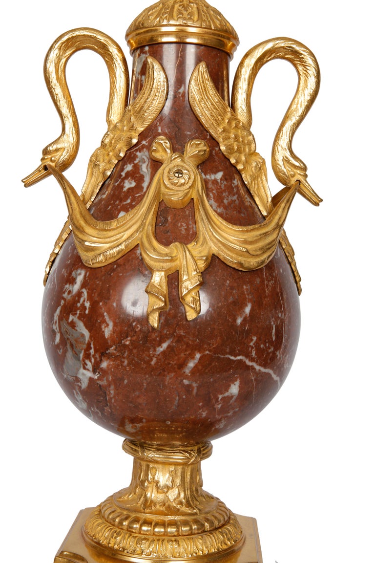 Gilt Pair of 19th Century French Red Marble and Bronze Cassolettes Table Lamps For Sale