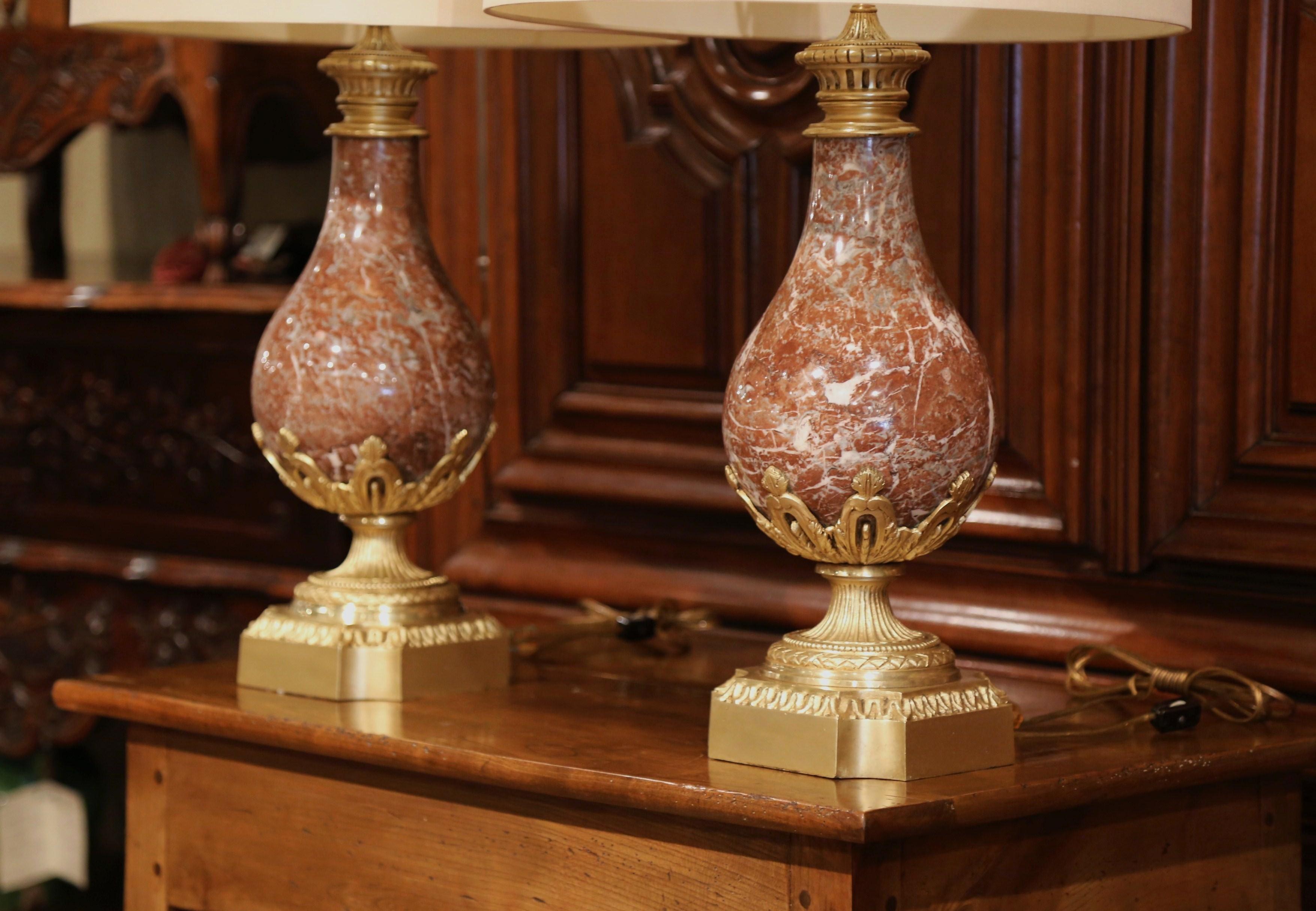 Patinated Pair of 19th Century French Red Marble and Bronze Urns Converted as Table Lamps