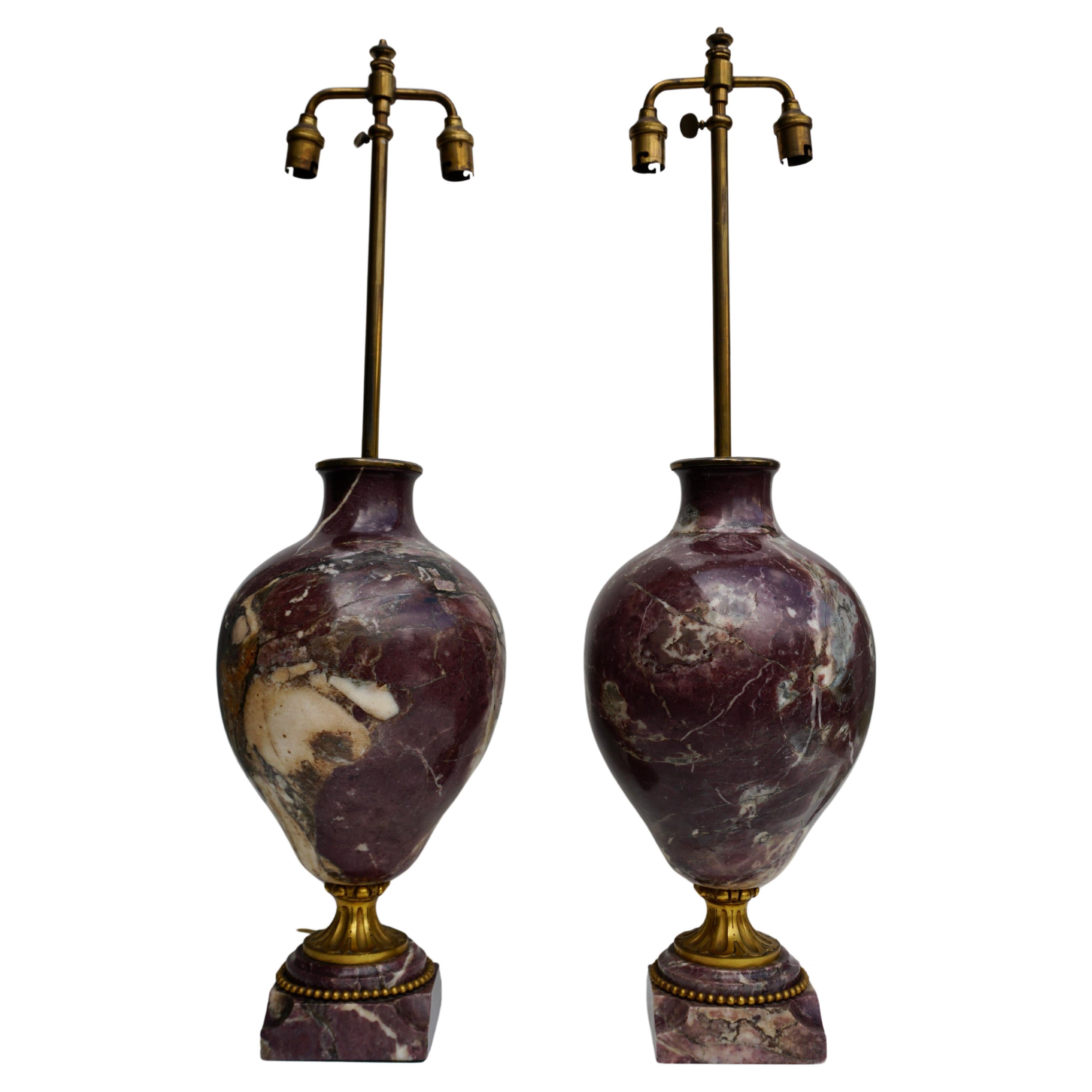 Brass Pair of 19th Century French Red Marble and Bronze Cassolettes Table Lamps For Sale