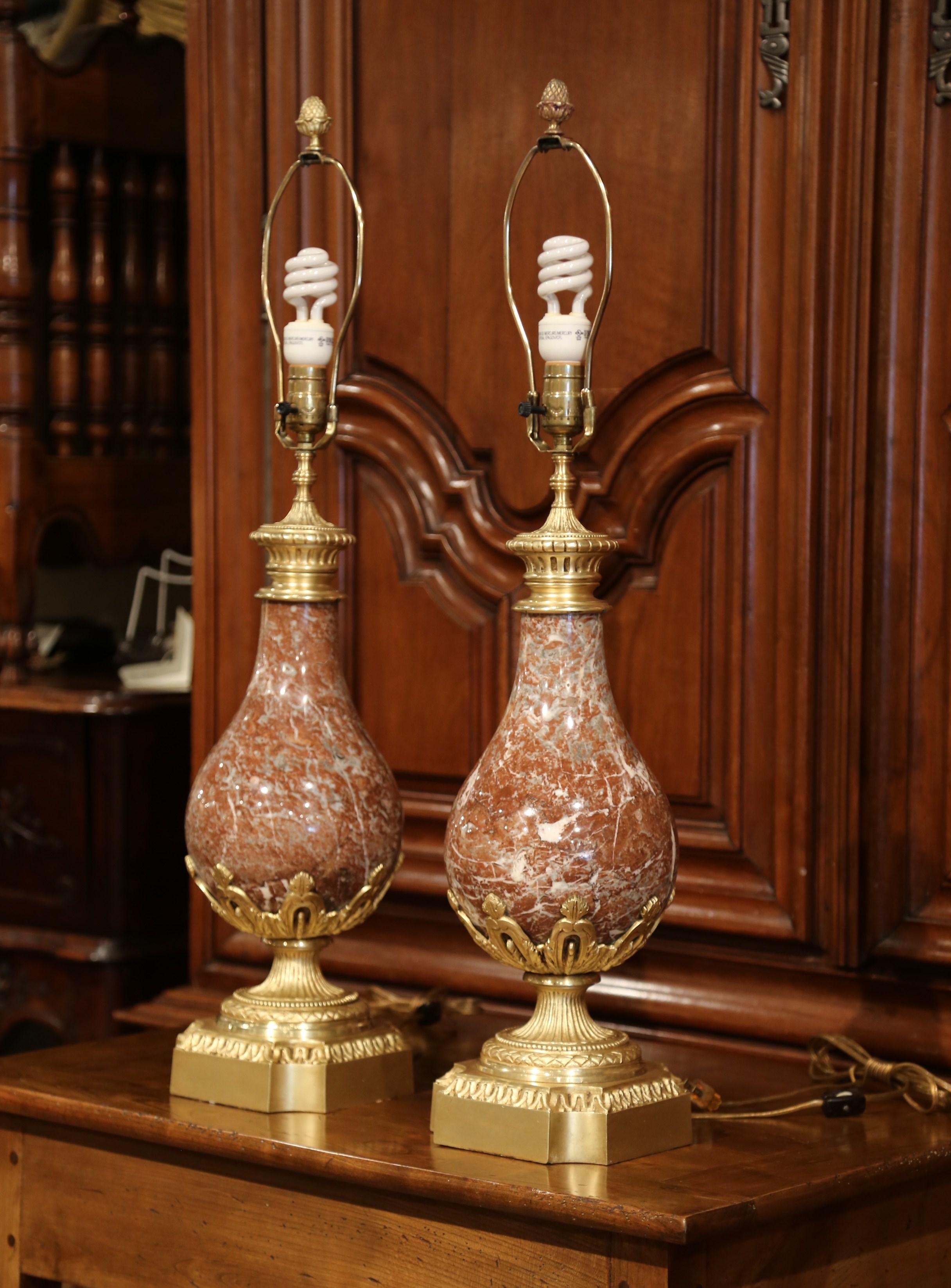 Pair of 19th Century French Red Marble and Bronze Urns Converted as Table Lamps 2