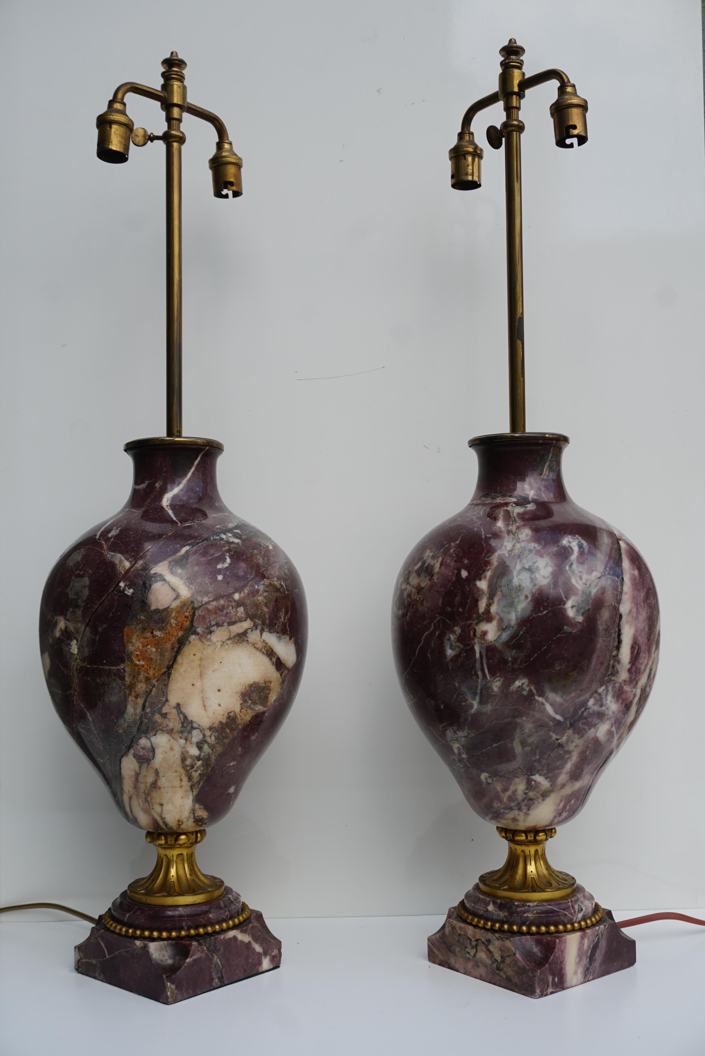Pair of 19th Century French Red Marble and Bronze Cassolettes Table Lamps For Sale 2
