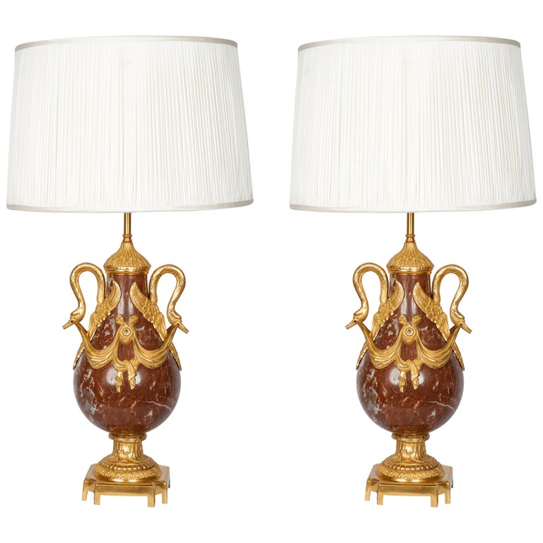 Pair of 19th Century French Red Marble and Bronze Cassolettes Table Lamps For Sale