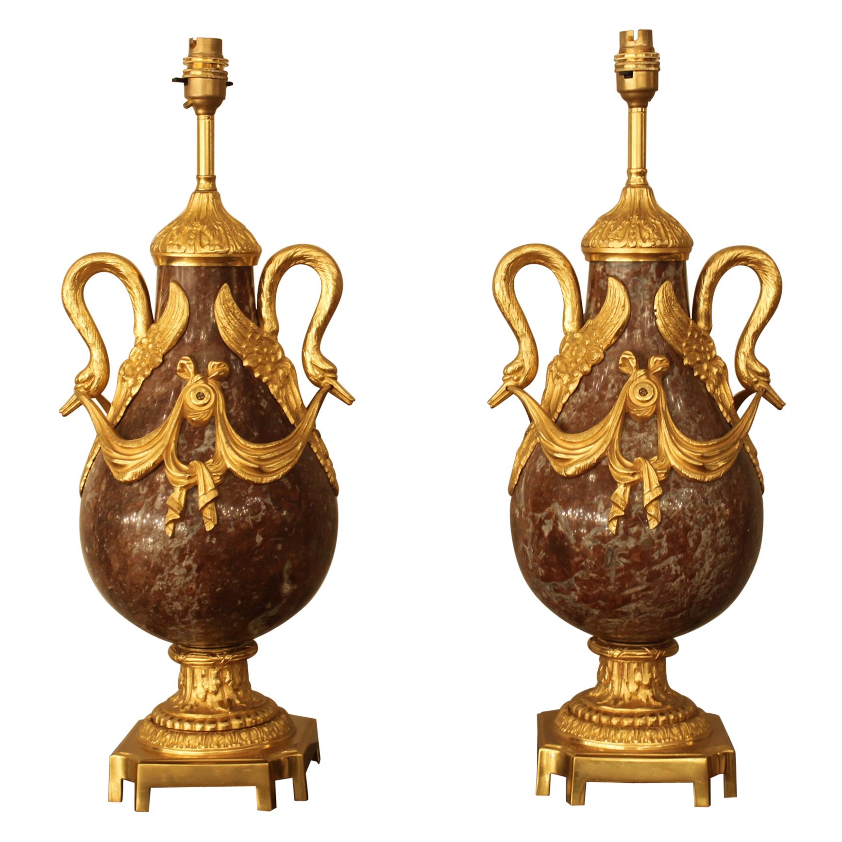 Pair of 19th Century French Red Marble and Bronze Cassolettes Table Lamps