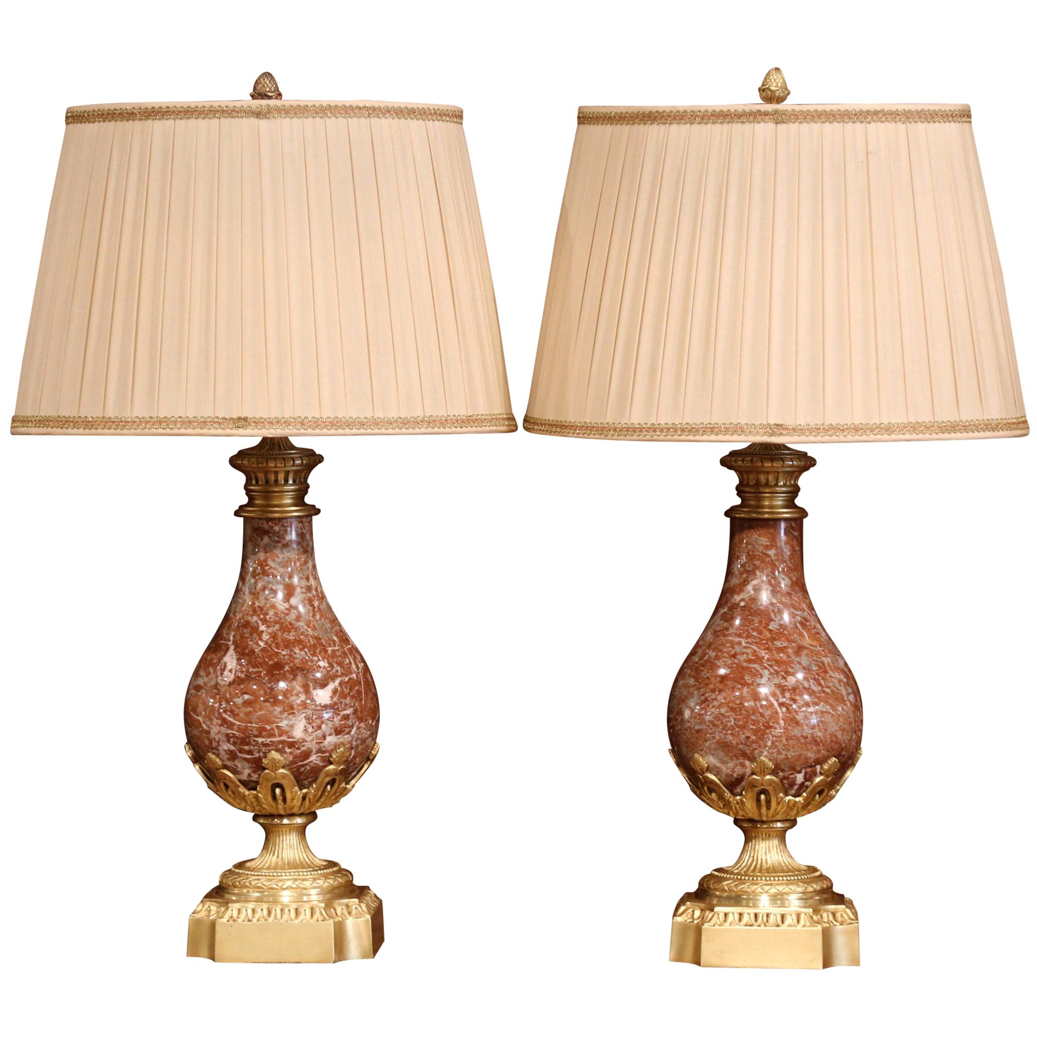 Pair of 19th Century French Red Marble and Bronze Urns Converted as Table Lamps