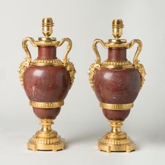 Pair of 19th Century French Red Marble Antique Lamps with Bronze Doré Mounts