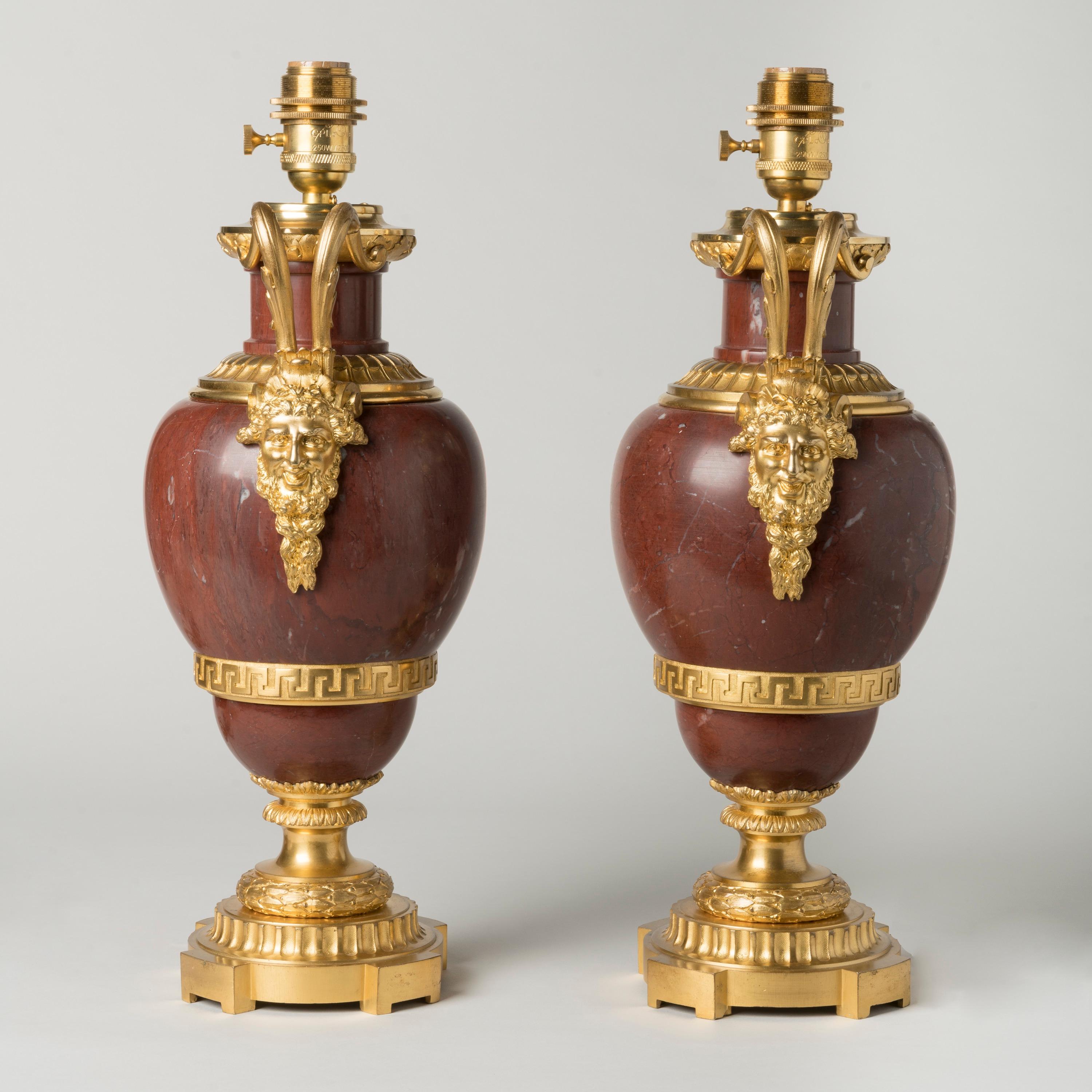 Ormolu Pair of 19th Century French Red Marble Antique Lamps with Bronze Doré Mounts For Sale