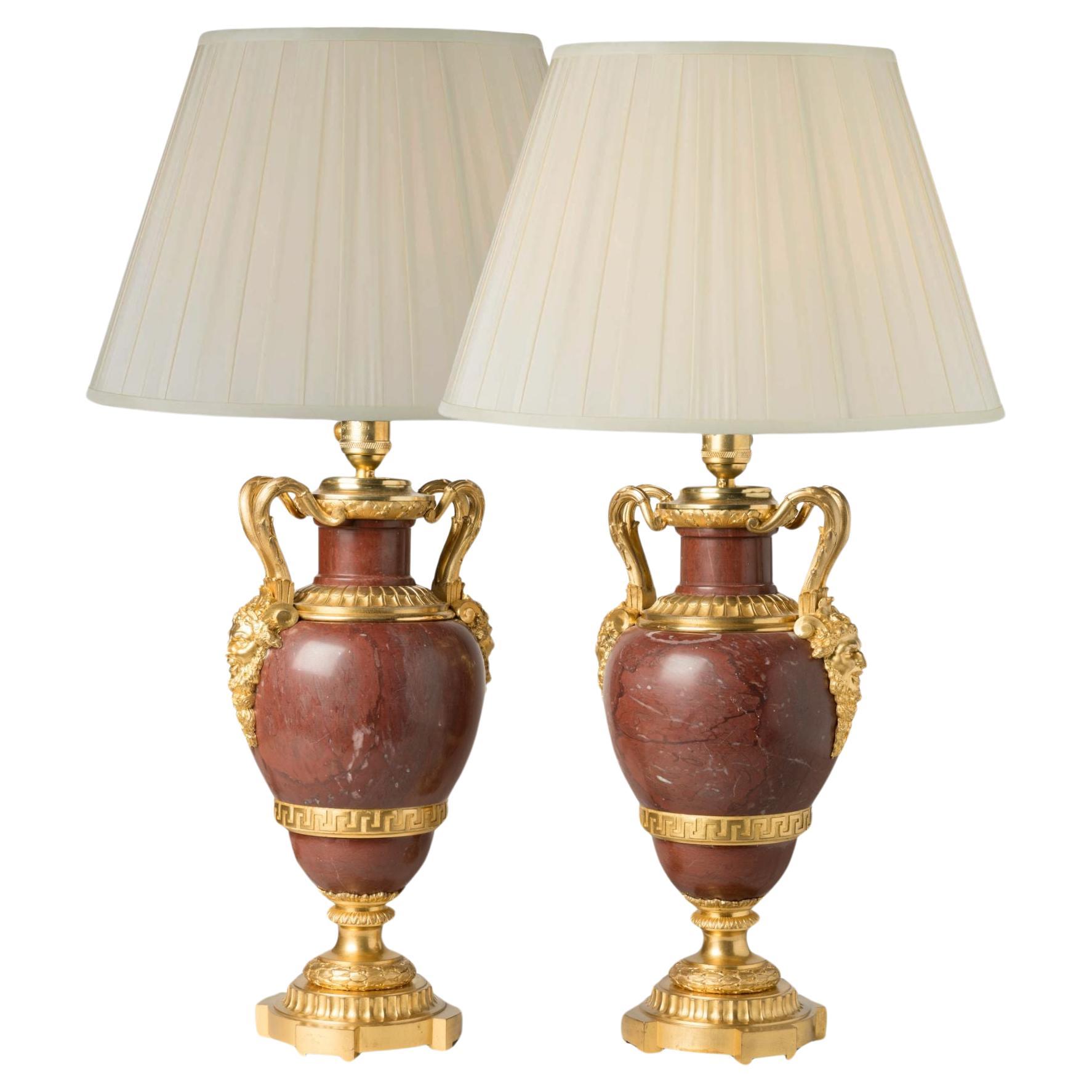 Pair of 19th Century French Red Marble Antique Lamps with Bronze Doré Mounts For Sale