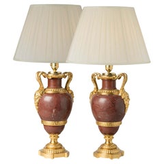 Pair of 19th Century French Red Marble Antique Lamps with Bronze Doré Mounts