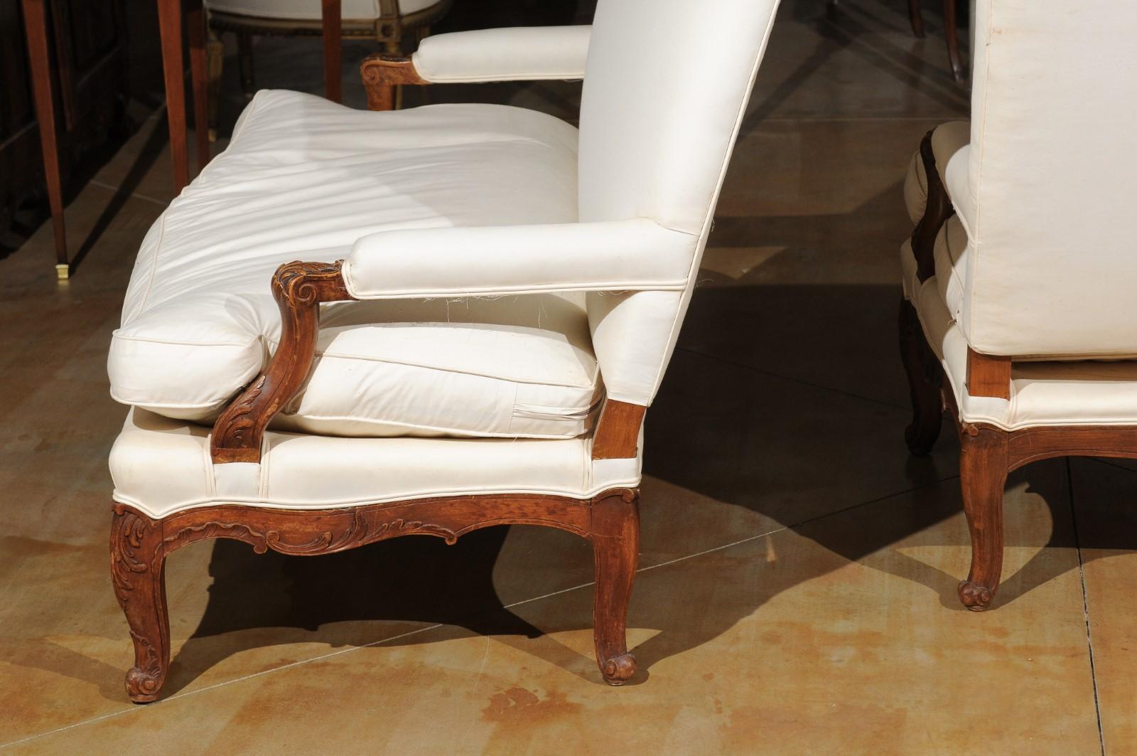 Pair of 19th Century French Régence Style Upholstered Canapés with Cabriole Legs 7