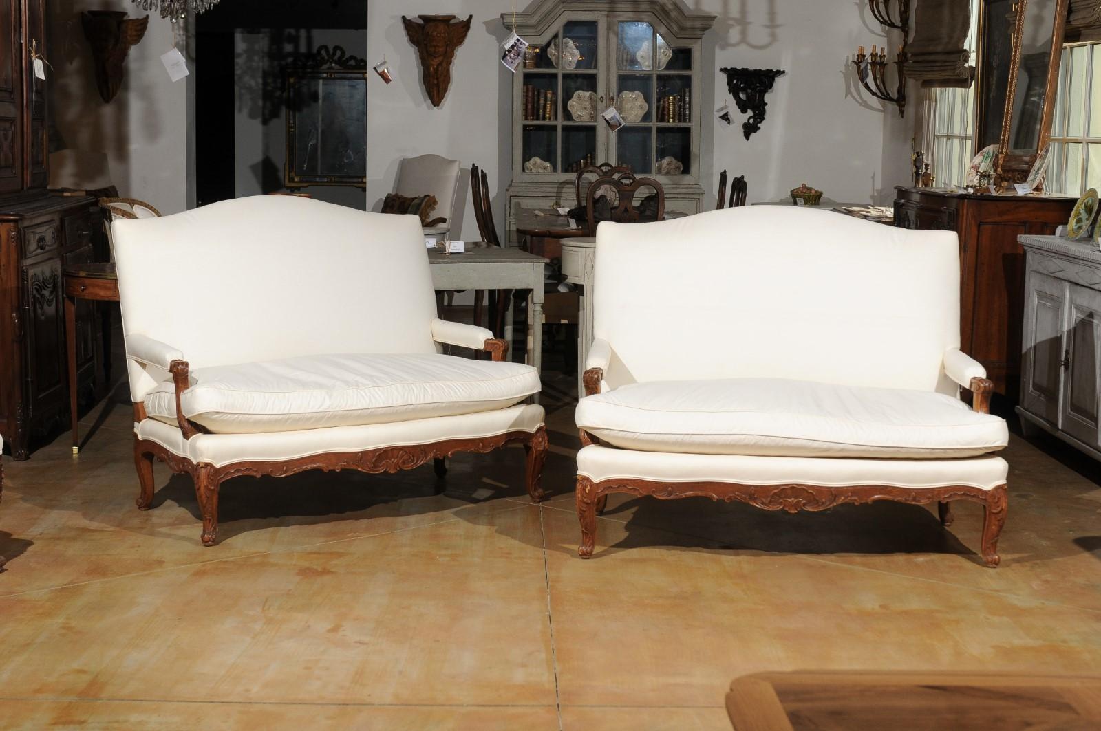 Pair of 19th Century French Régence Style Upholstered Canapés with Cabriole Legs In Good Condition In Atlanta, GA