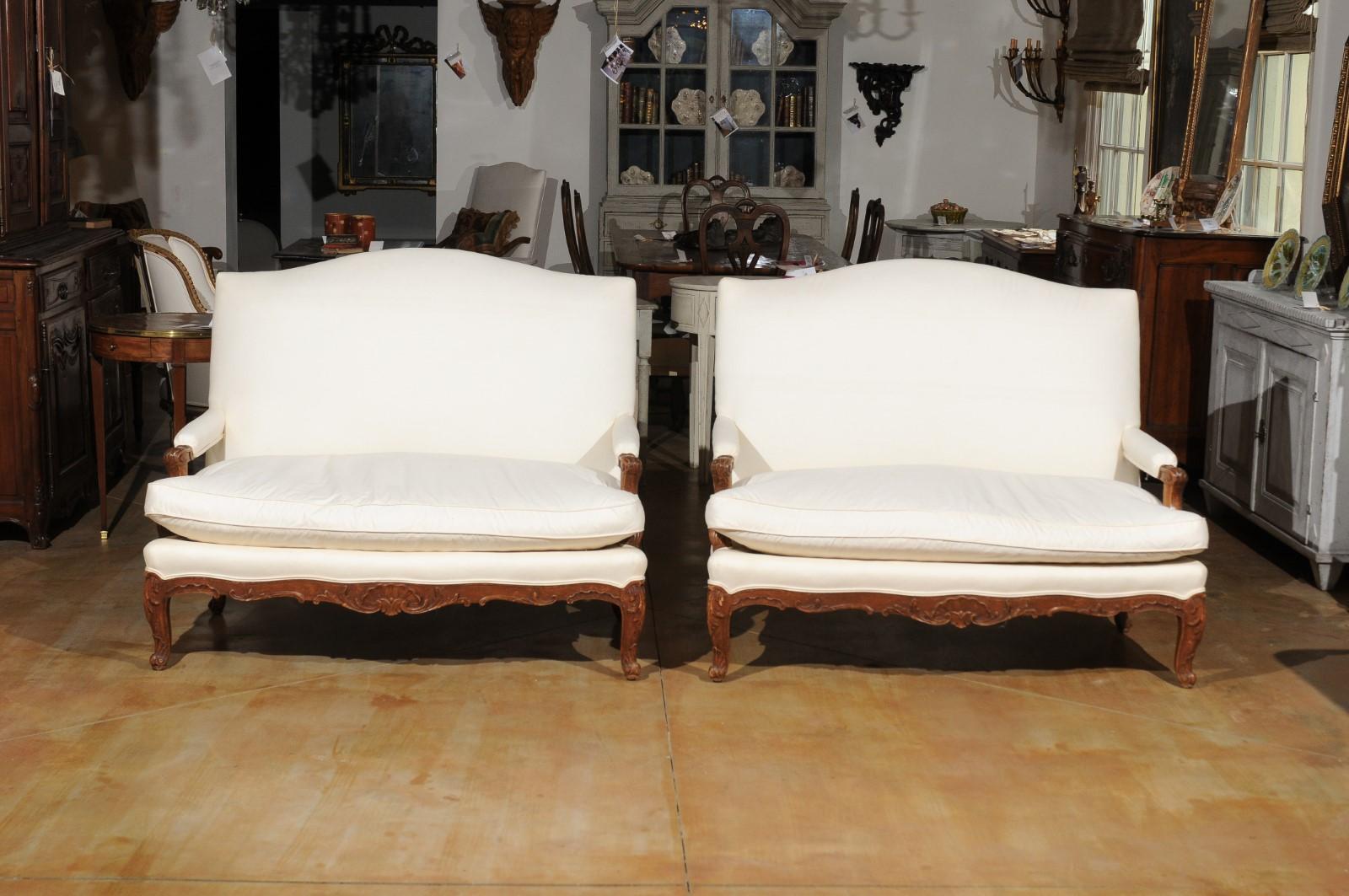 Upholstery Pair of 19th Century French Régence Style Upholstered Canapés with Cabriole Legs