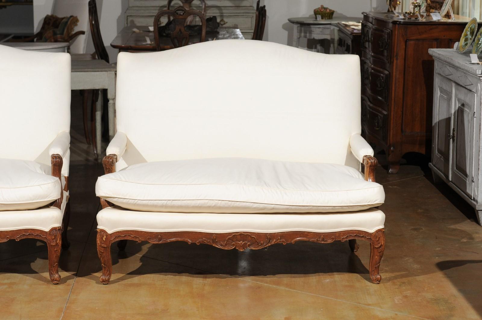 Pair of 19th Century French Régence Style Upholstered Canapés with Cabriole Legs 2