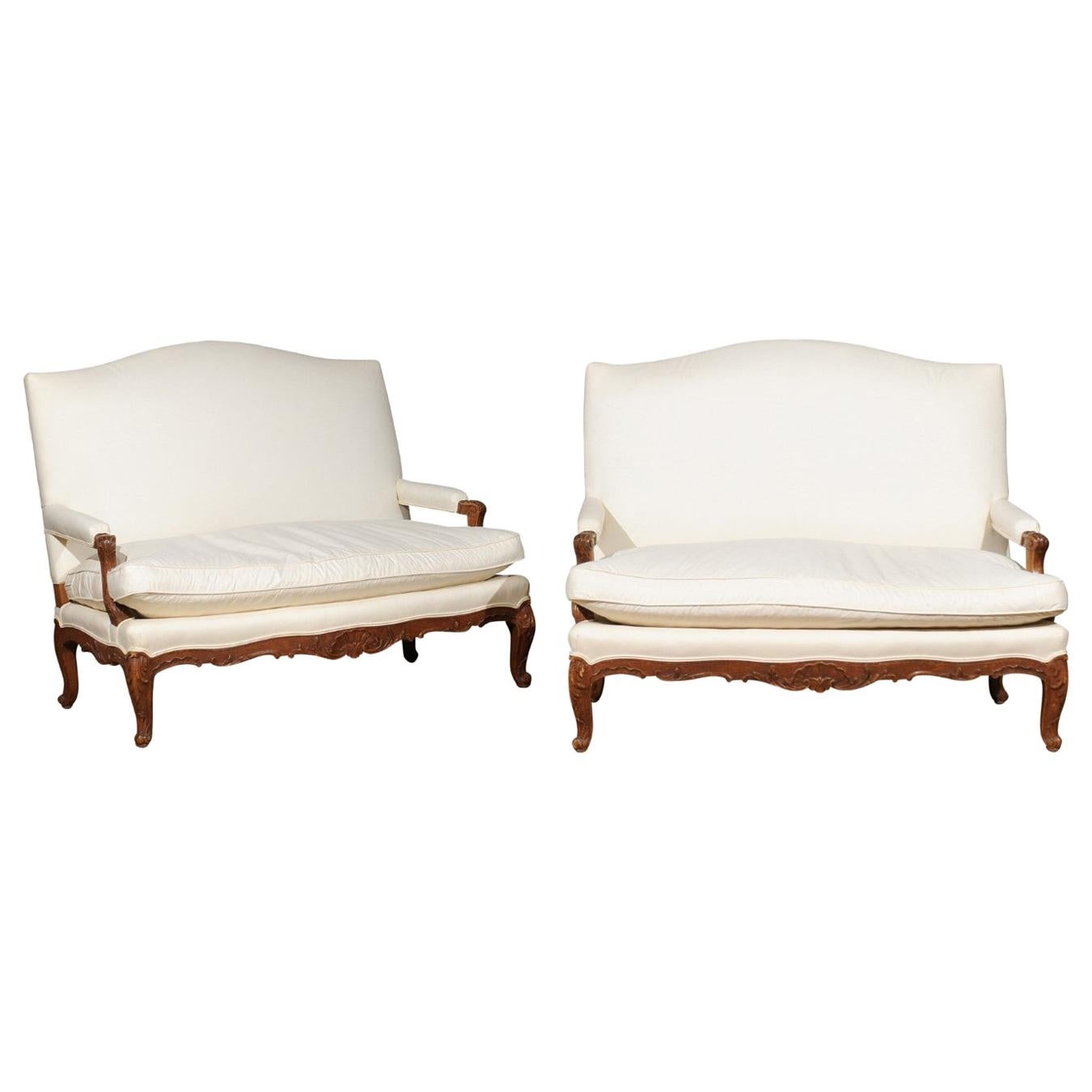 Pair of 19th Century French Régence Style Upholstered Canapés with Cabriole Legs