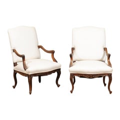 Pair of 19th Century French Régence Style Walnut Fauteuils with Upholstery