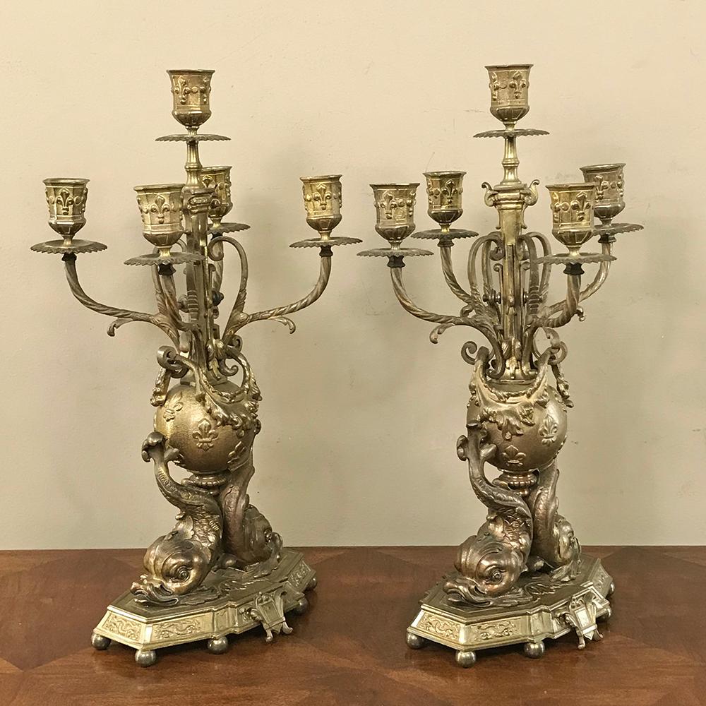 Renaissance Revival Pair of 19th Century French Renaissance Dolphin Candleabra