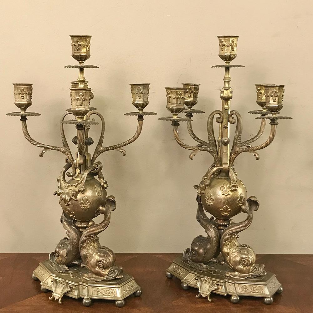 Hand-Crafted Pair of 19th Century French Renaissance Dolphin Candleabra