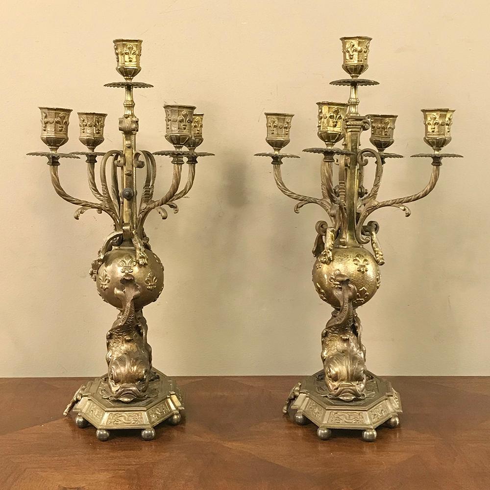 Pair of 19th Century French Renaissance Dolphin Candleabra In Good Condition In Dallas, TX
