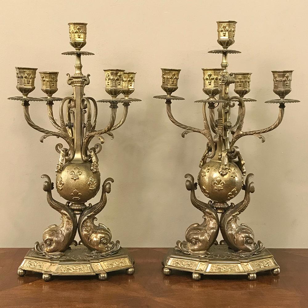 Late 19th Century Pair of 19th Century French Renaissance Dolphin Candleabra