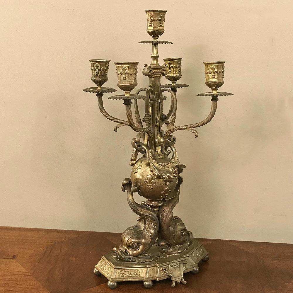 Bronze Pair of 19th Century French Renaissance Dolphin Candleabra