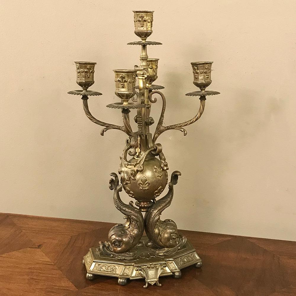 Pair of 19th Century French Renaissance Dolphin Candleabra 1