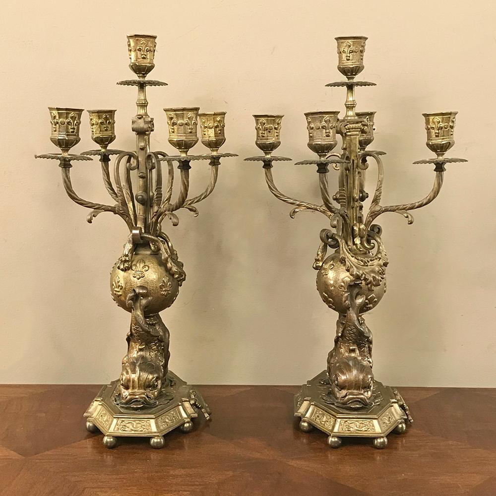 Pair of 19th Century French Renaissance Dolphin Candleabra 2
