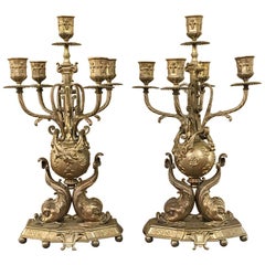 Pair of 19th Century French Renaissance Dolphin Candleabra