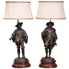 Pair of 19th Century French Renaissance Spelter Figural Table Lamps with Shades