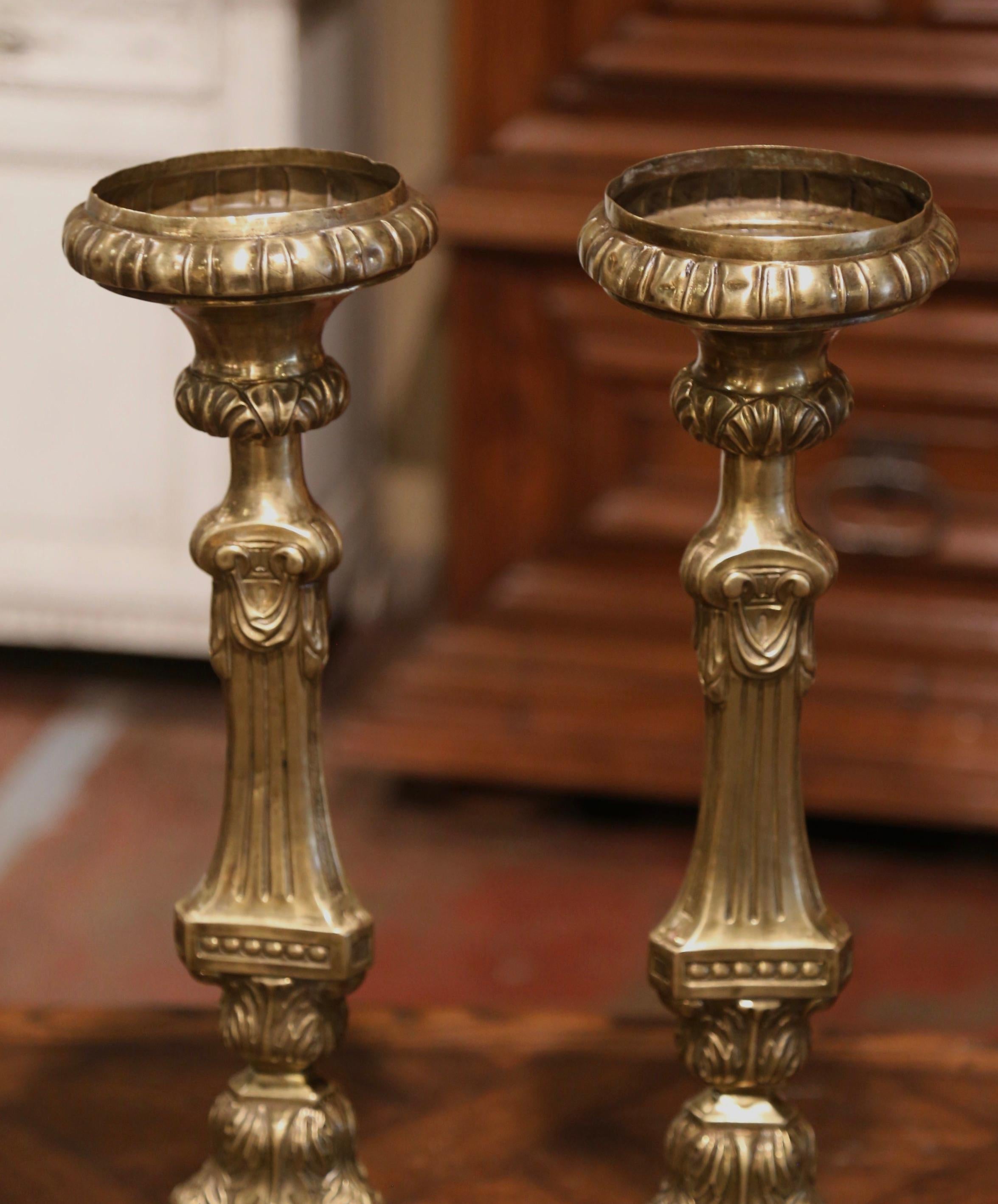 Pair of 19th Century French Repousse Brass Church Pic-Cierges Candle Holders 4