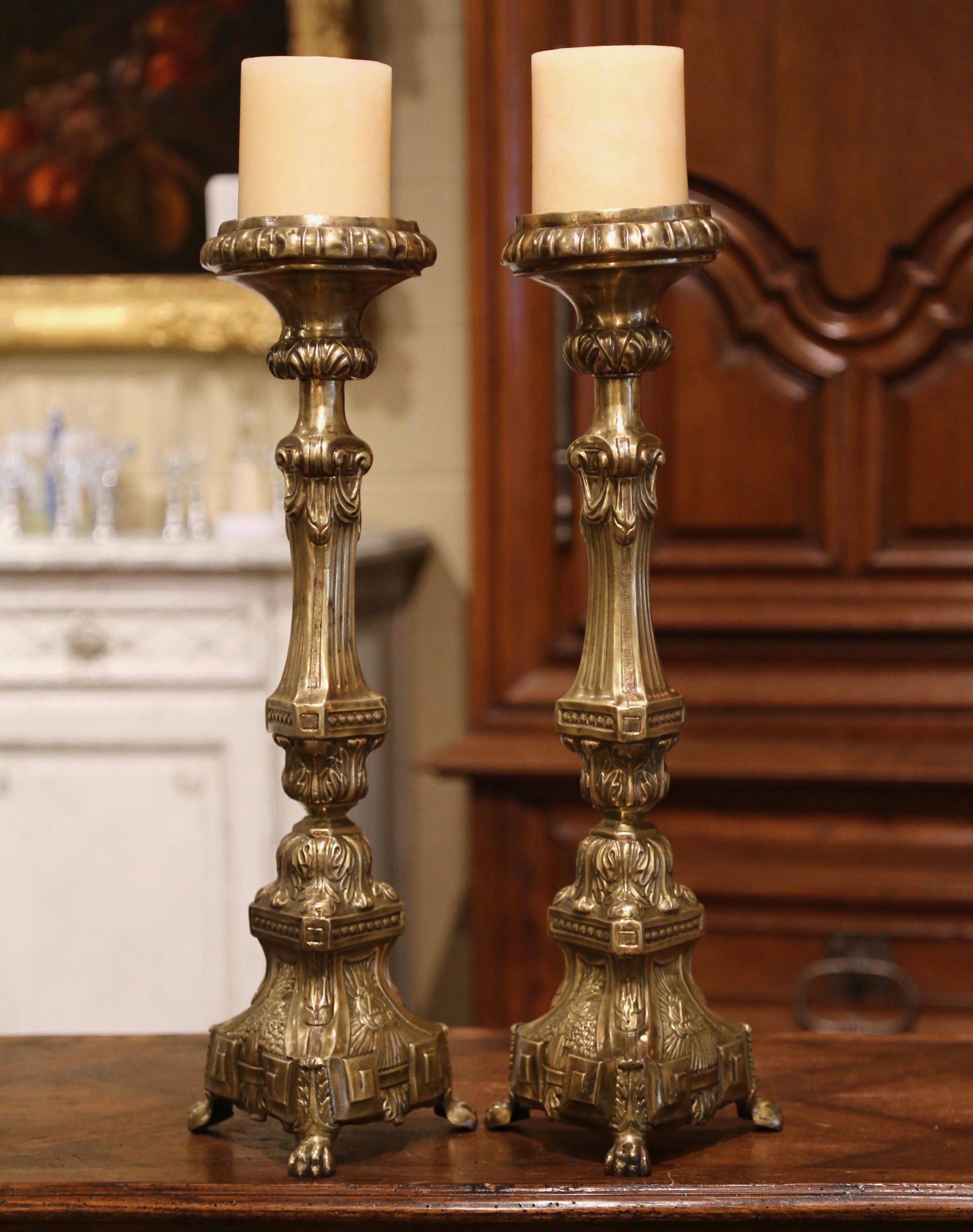Rococo Pair of 19th Century French Repousse Brass Church Pic-Cierges Candle Holders