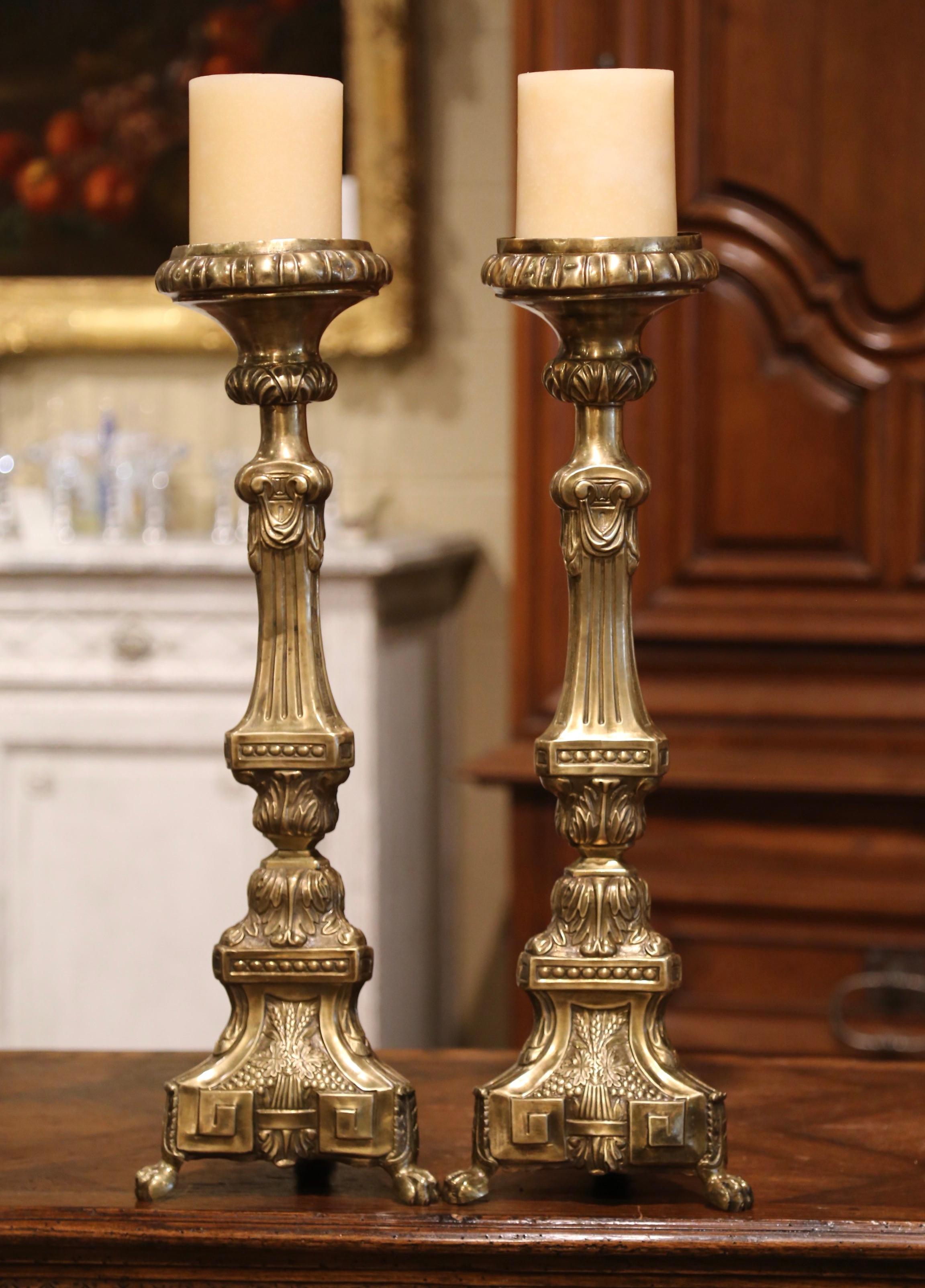 Hand-Crafted Pair of 19th Century French Repousse Brass Church Pic-Cierges Candle Holders