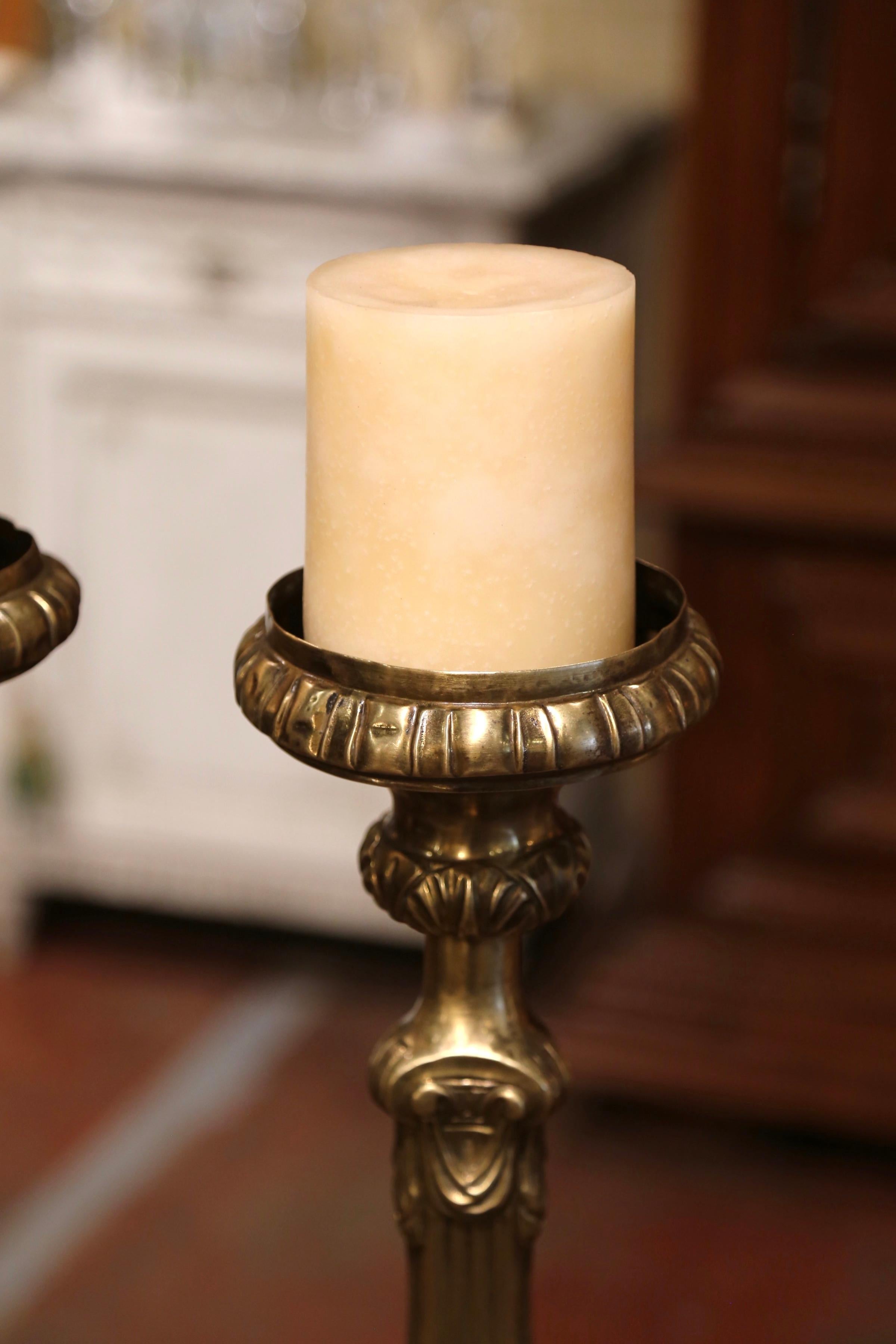 Pair of 19th Century French Repousse Brass Church Pic-Cierges Candle Holders In Excellent Condition In Dallas, TX