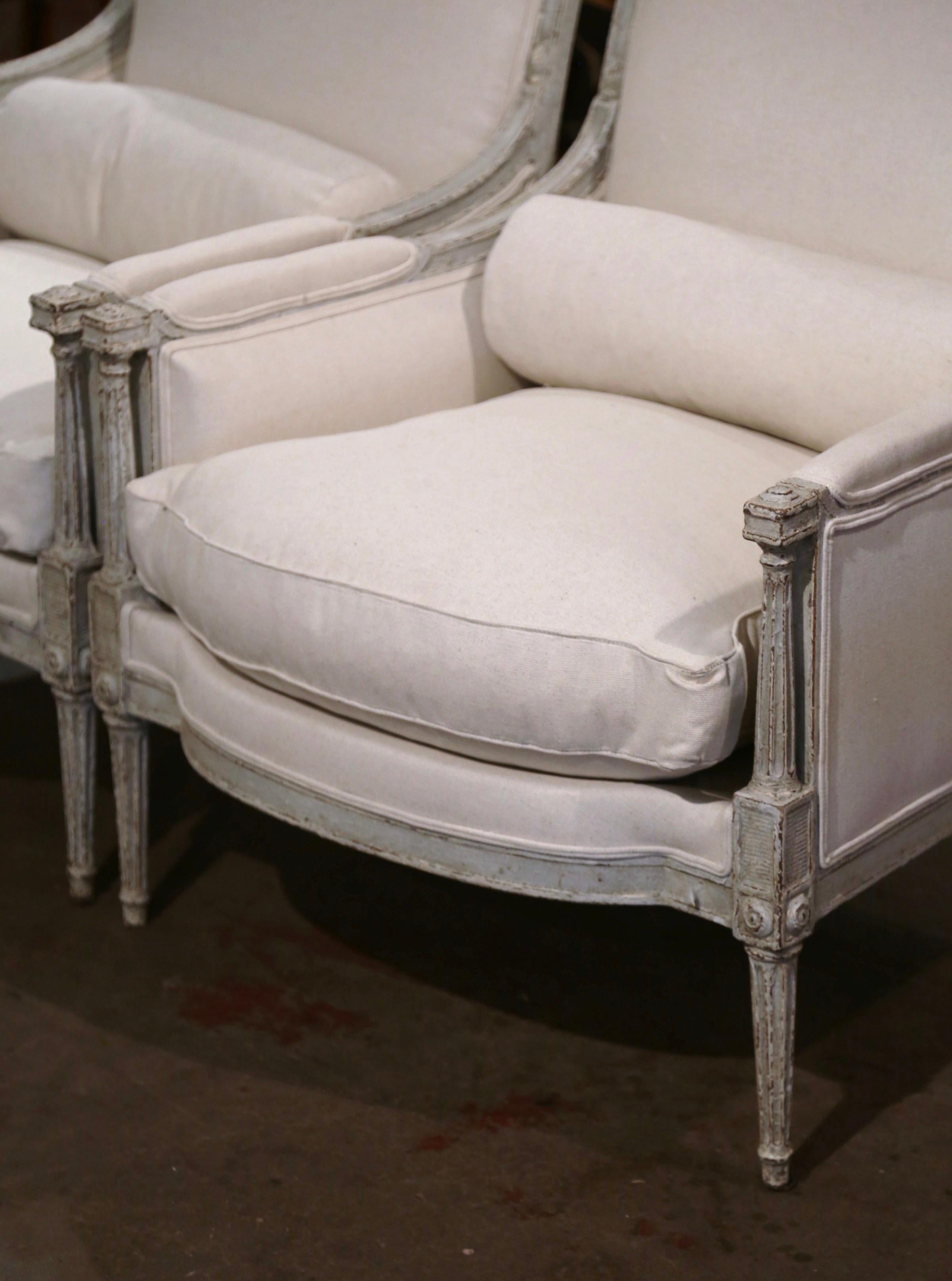 Pair of 19th Century French Restauration Carved Painted Upholstered Armchairs 2