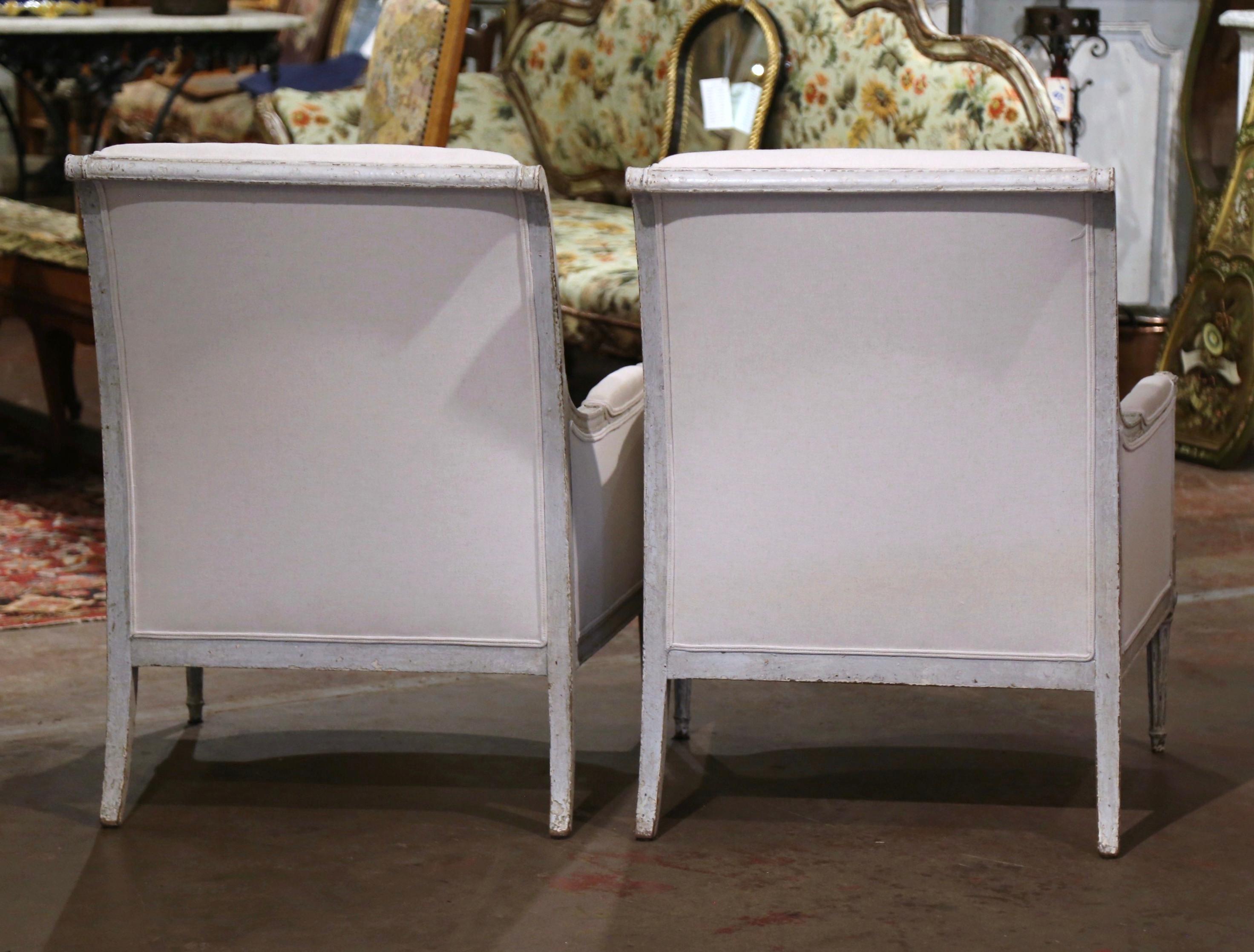 Pair of 19th Century French Restauration Carved Painted Upholstered Armchairs 4