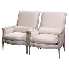 Pair of 19th Century French Restauration Carved Painted Upholstered Armchairs
