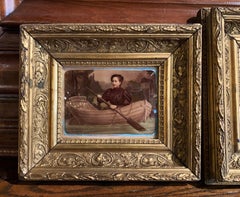 Paire de peintures en verre inversé françaises du 19ème siècle dans des cadres sculptés et dorés