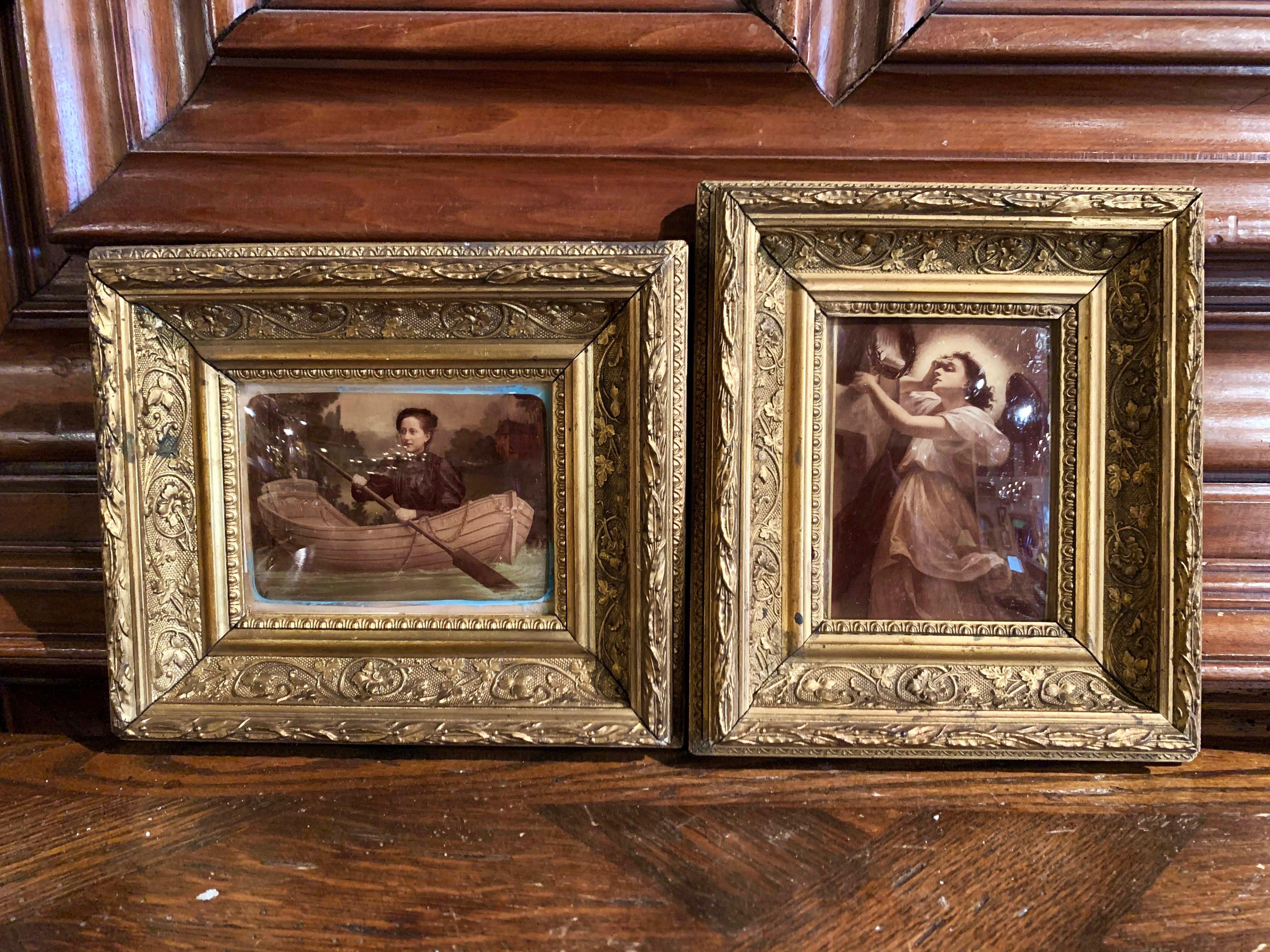 Pair of 19th Century French Reverse Glass Paintings in Carved Gilt Frames In Excellent Condition In Dallas, TX