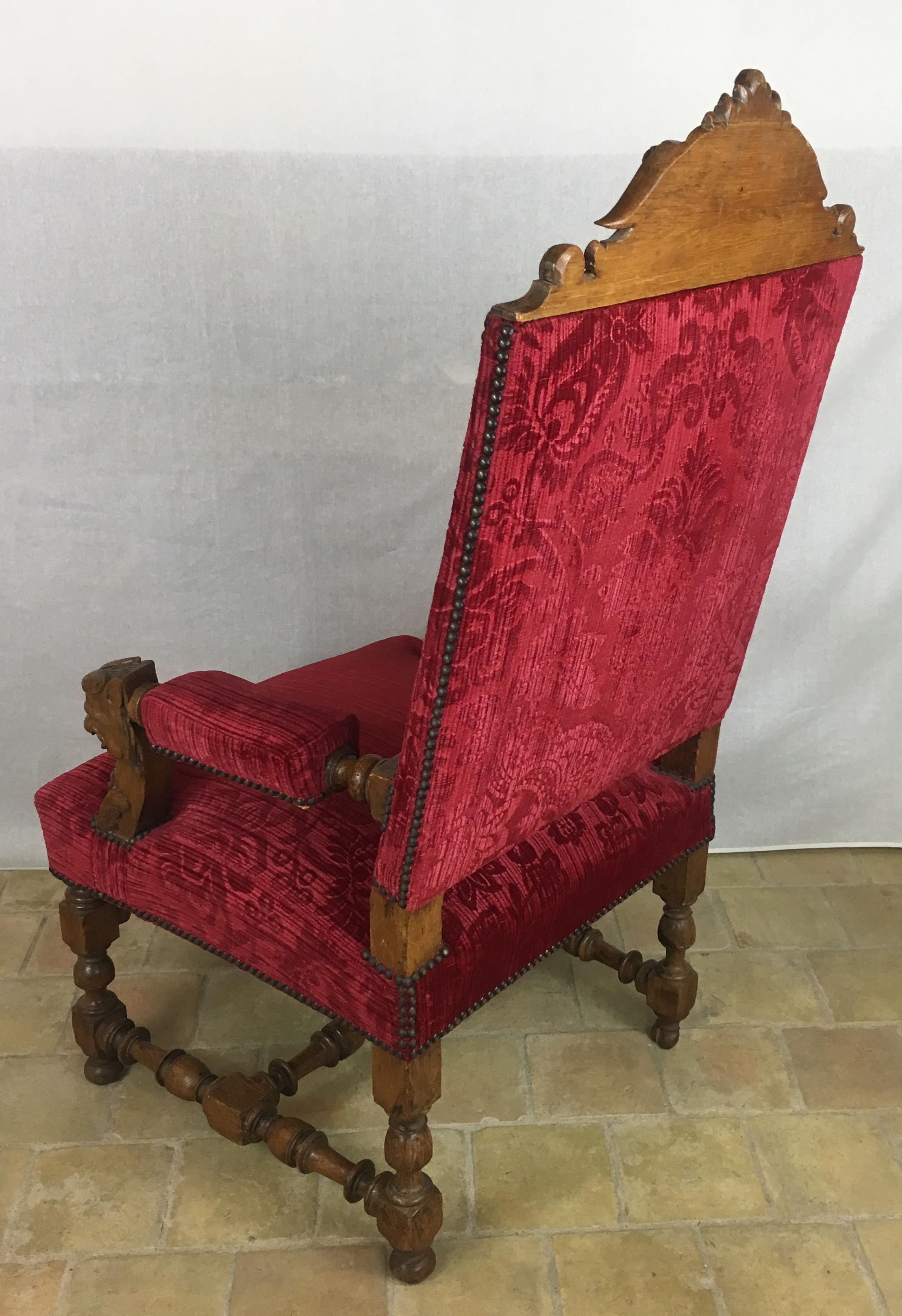 Hand-Carved Pair of 19th Century French Louis XIII Style Throne Armchairs
