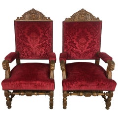 Pair of 19th Century French Louis XIII Style Throne Armchairs