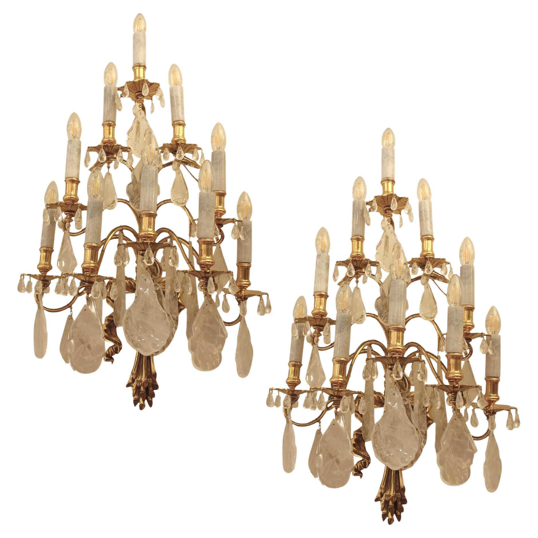 Paire d'appliques à 10 ampoules en cristal de roche français du 19e siècle en vente