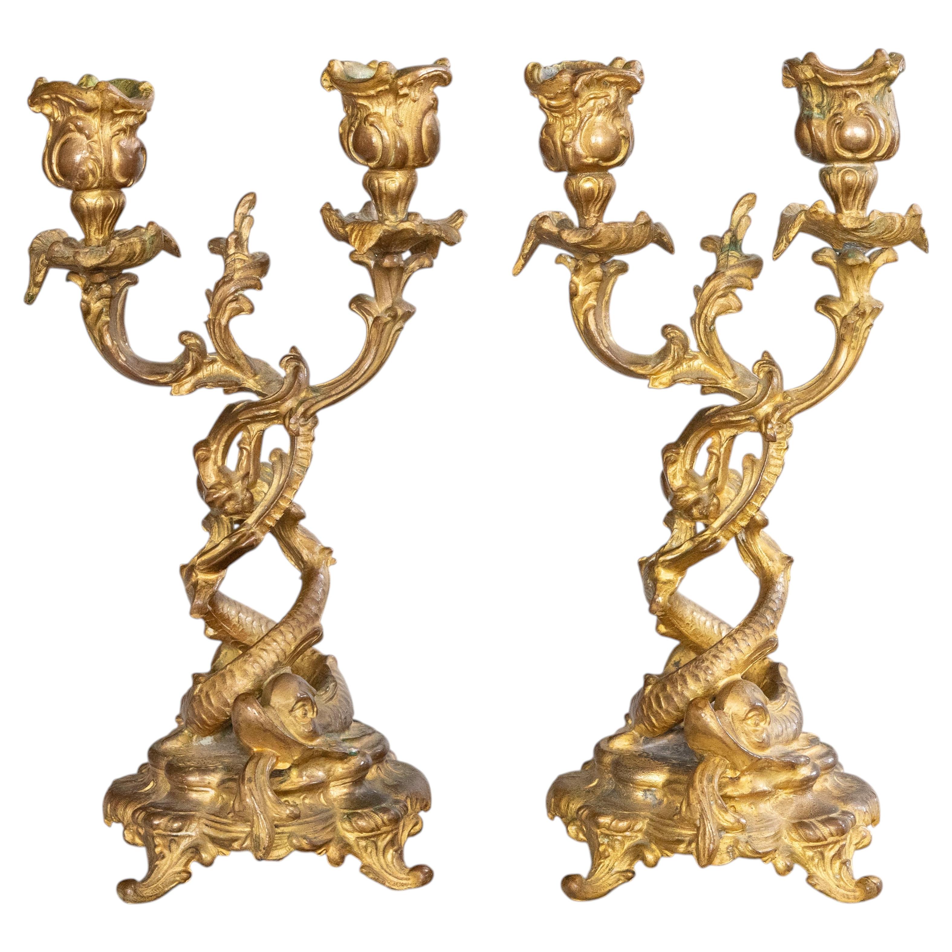Pair of 19th Century French Rococo Gilt Bronze Dolphin Candelabras