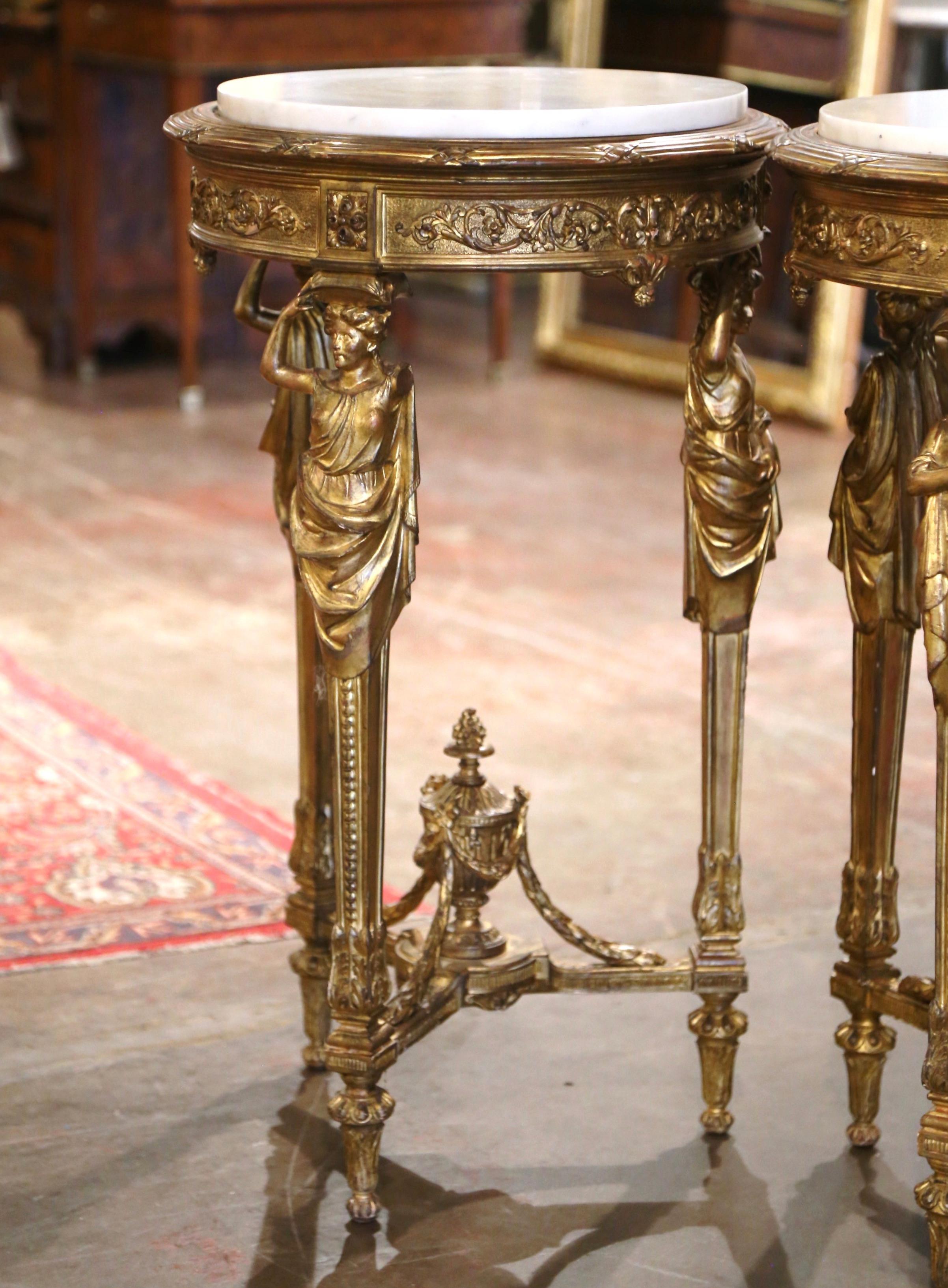 Neoclassical Pair of 19th Century French Rococo Marble Top Carved Giltwood Gueridon Tables 