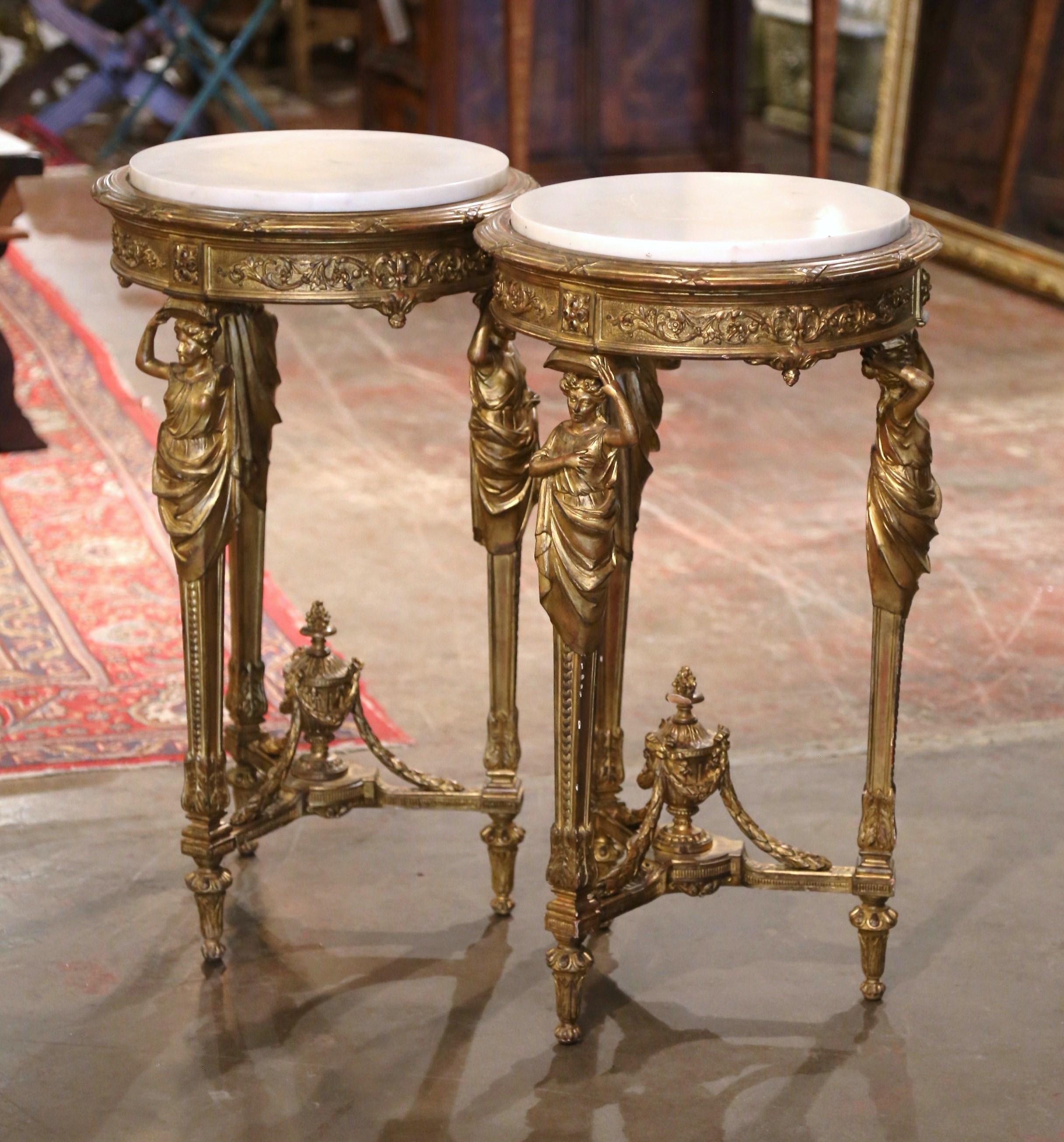 Patinated Pair of 19th Century French Rococo Marble Top Carved Giltwood Gueridon Tables 
