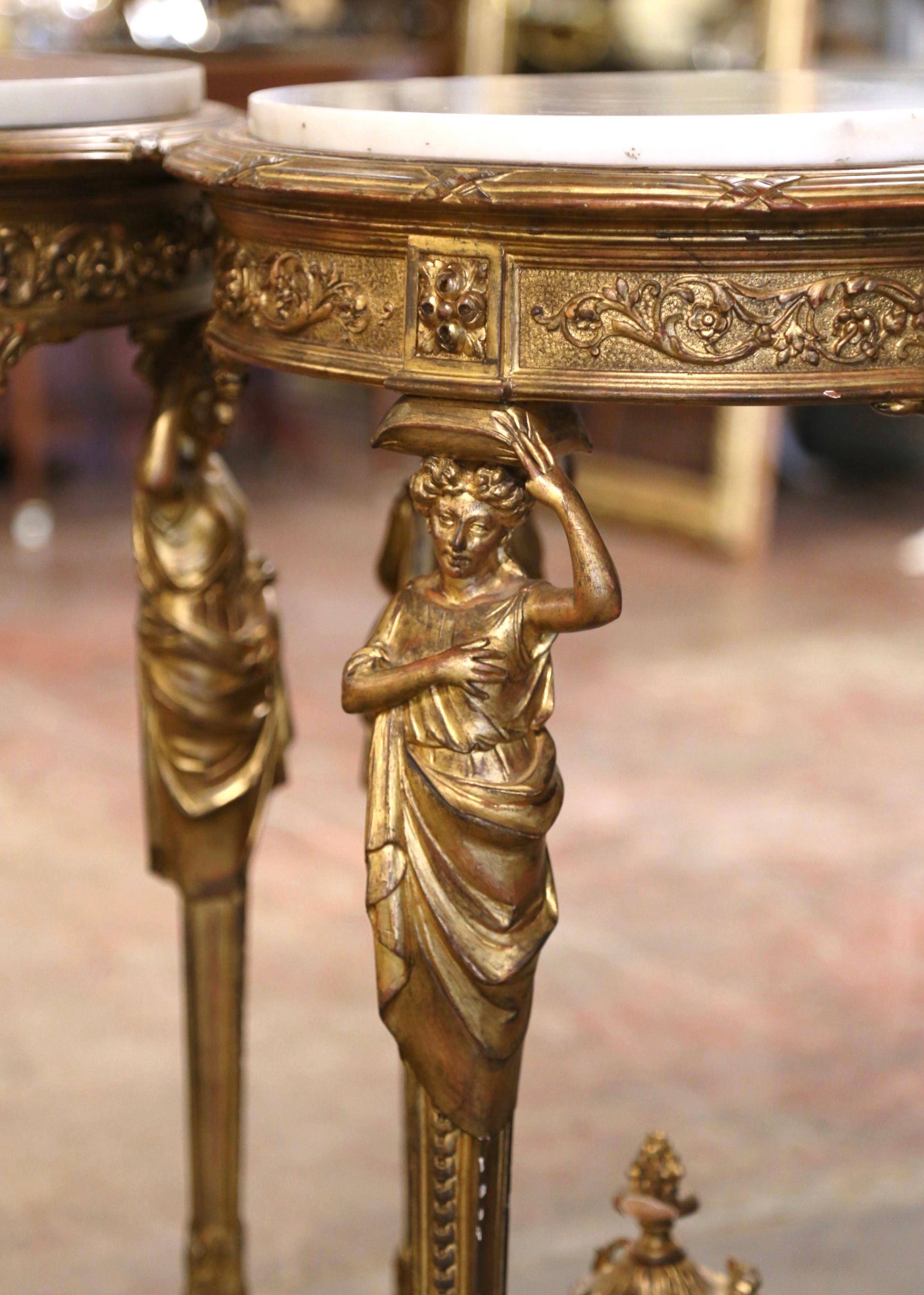 Pair of 19th Century French Rococo Marble Top Carved Giltwood Gueridon Tables  In Excellent Condition In Dallas, TX