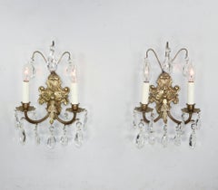 Pair of 19th Century French Rococo Revival Bronze and Crystal Sconces