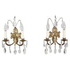Pair of 19th Century French Rococo Revival Bronze and Crystal Sconces