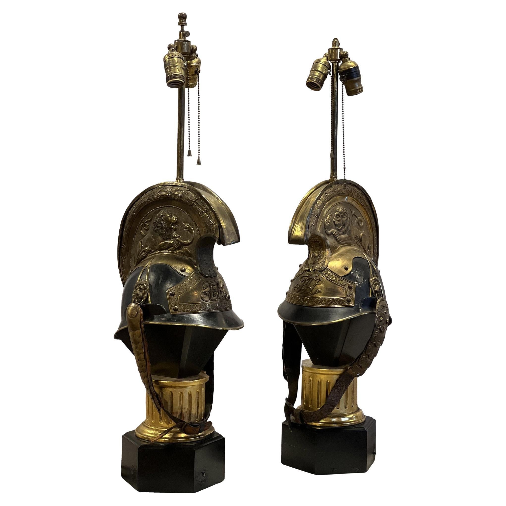 Pair of 19th Century French Roman Helmet Continental Lamps