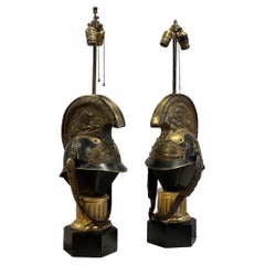 Vintage Pair of 19th Century French Roman Helmet Continental Lamps