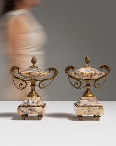 Pair of 19th Century French Rose Louis XVI Marble & Brass Cassolettes