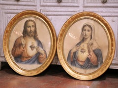 Pair of 19th Century French Sacred Heart Jesus and Mary Oval Giltwood Frames